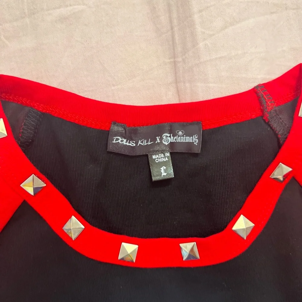Dolls Kill x Skelanimals Red and Black Long Sleeve Graphic Top - Picture 2 of 4